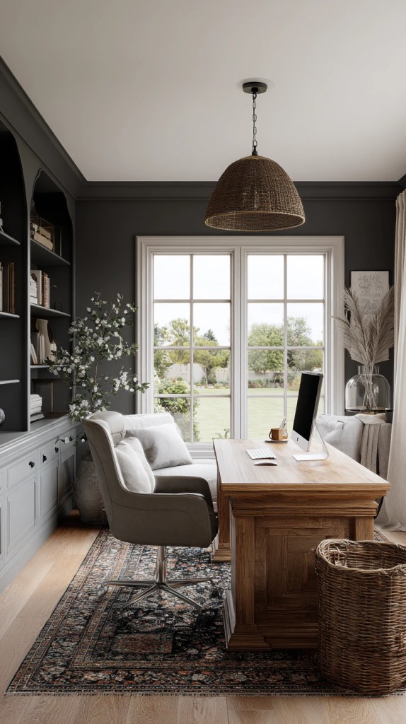 organic modern home office decor with dark walls and natural accents
