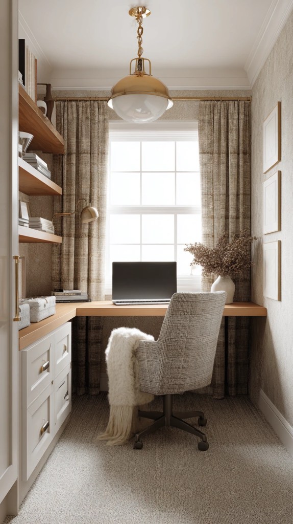 Small organic modern home office nook with built-in desk and neutral decor