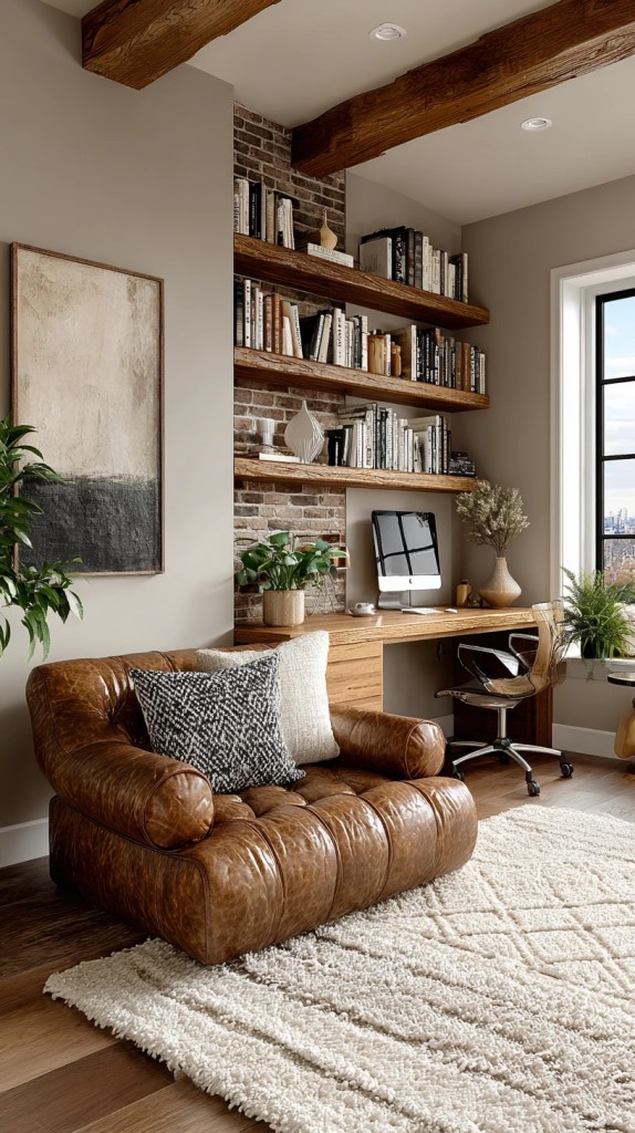 organic modern office decor with brick wall and rustic wood shelves