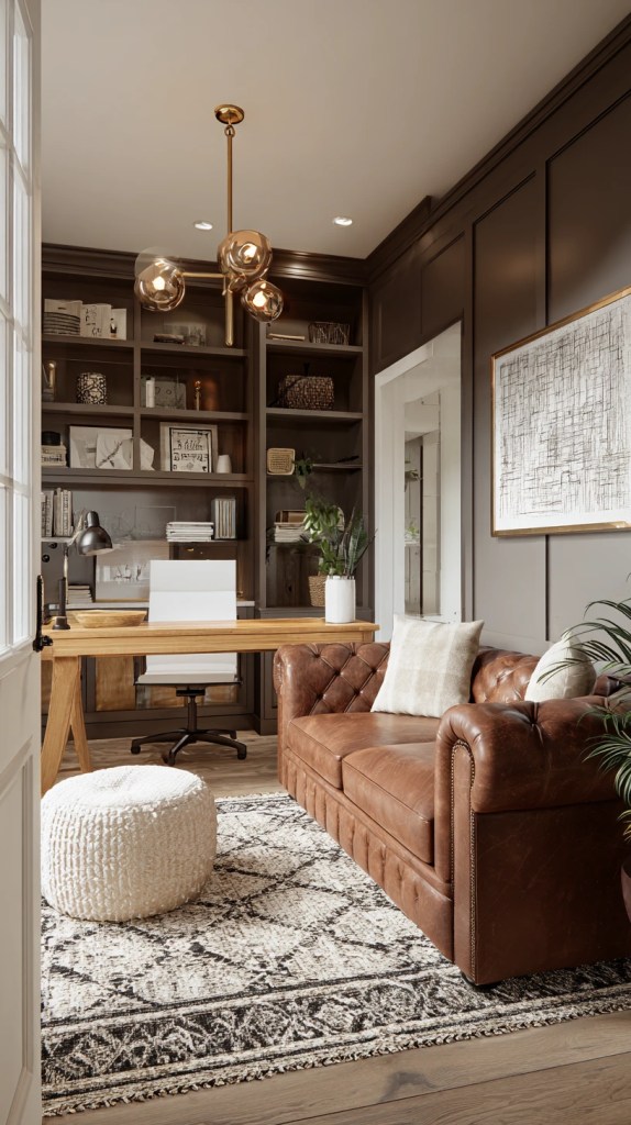 Organic modern home office decor featuring brown leather couch and built-ins
