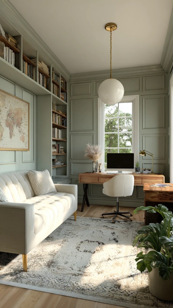 green organic modern home office idea with wooden desk and cozy decor