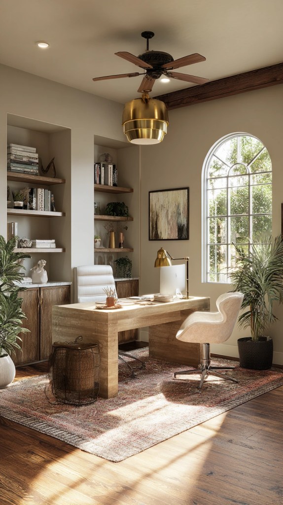 airy organic modern home office decor with natural wooden desk