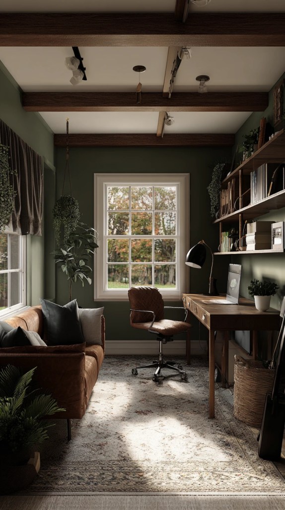 organic modern home office decor with green walls and wooden beams