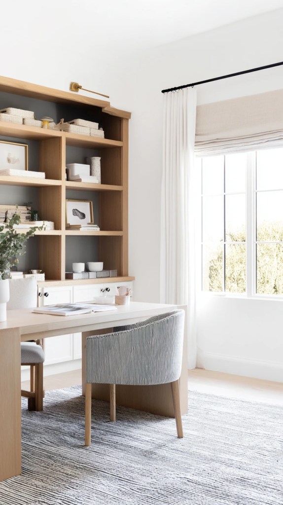 bright organic modern home office decor with neutral tones