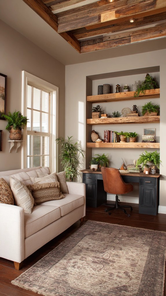cozy organic modern home office decor with wood shelves and plants