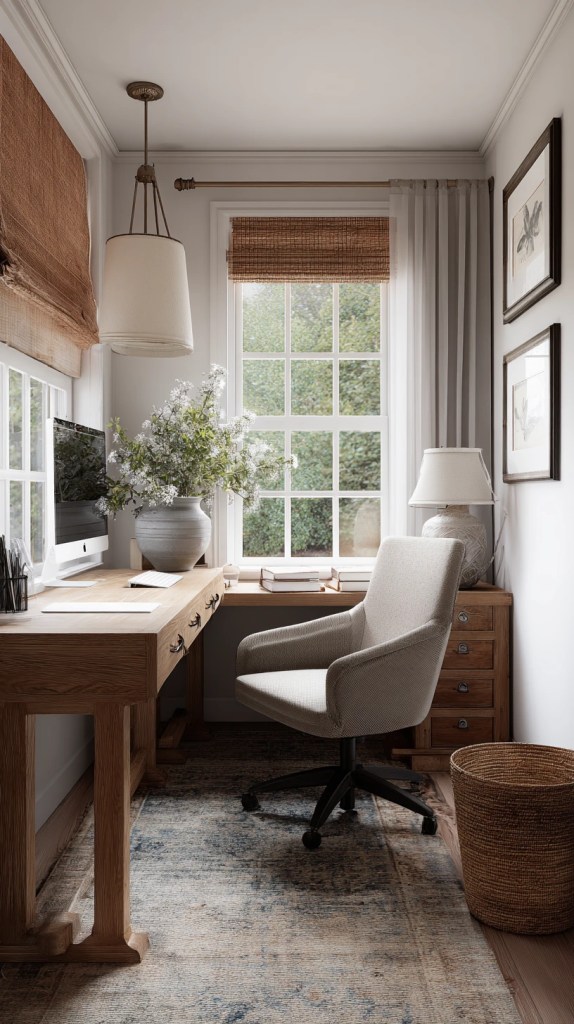 Small organic modern home office with natural wood desk and earthy decor