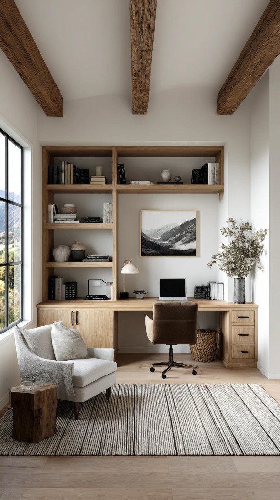 minimalist organic modern home office with built-in wooden desk