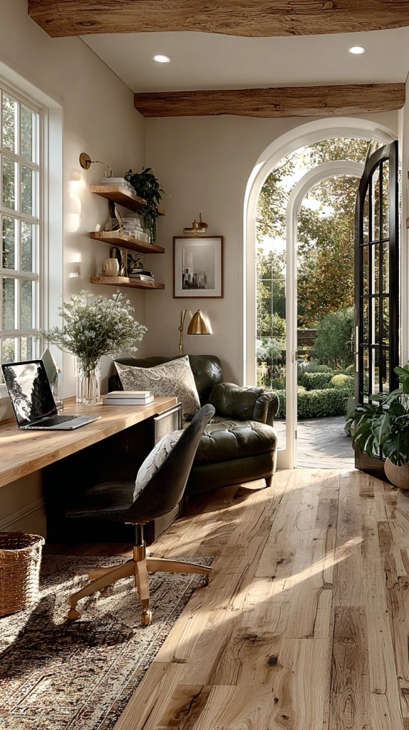 sunny organic modern home office with wooden desk and garden view