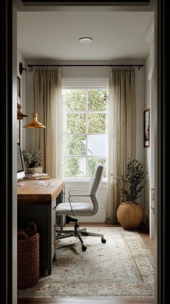 rustic organic modern home office with reclaimed wood and greenery