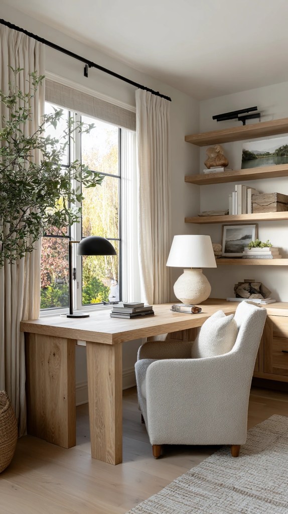 airy organic modern home office with wooden desk and soft textures