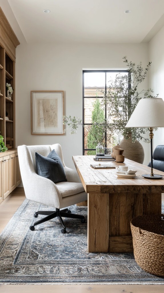sophisticated organic modern home office with reclaimed wood desk
