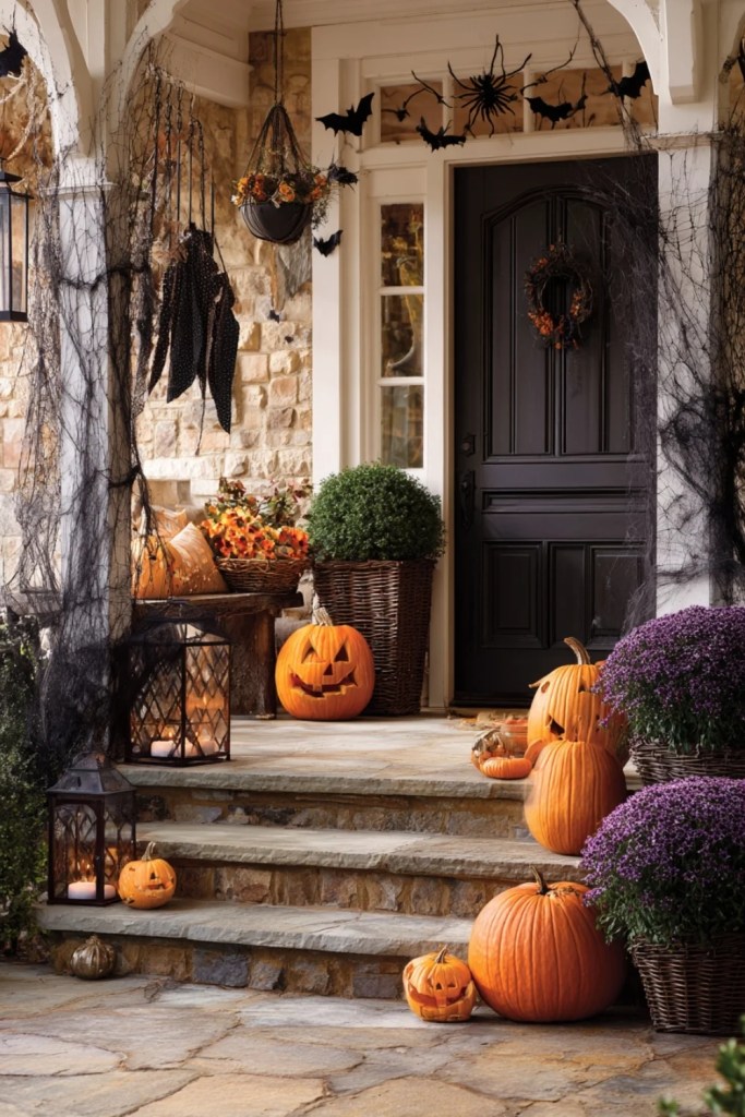 Bat & Spider Porch With Pumpkins and Hanging Decor-halloween front porch ideas-loves from bet