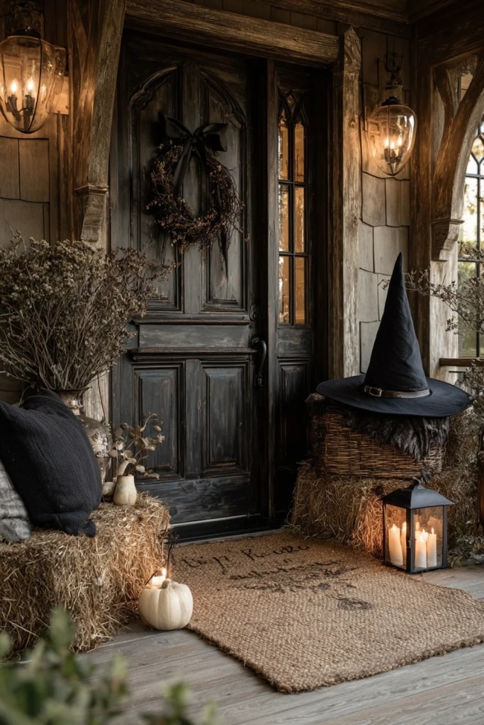 Rustic Hay Bales, Lanterns and Pumpkin Porch Setup-halloween front porch ideas-loves from bet