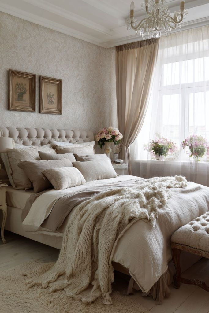 The bed is adorned with white layered bedding, throw pillows, and a cozy throw blanket, creating a comfortable and inviting space. On the nightstand, a vase of greenery adds a natural touch to the room_vintage bedroom ideas