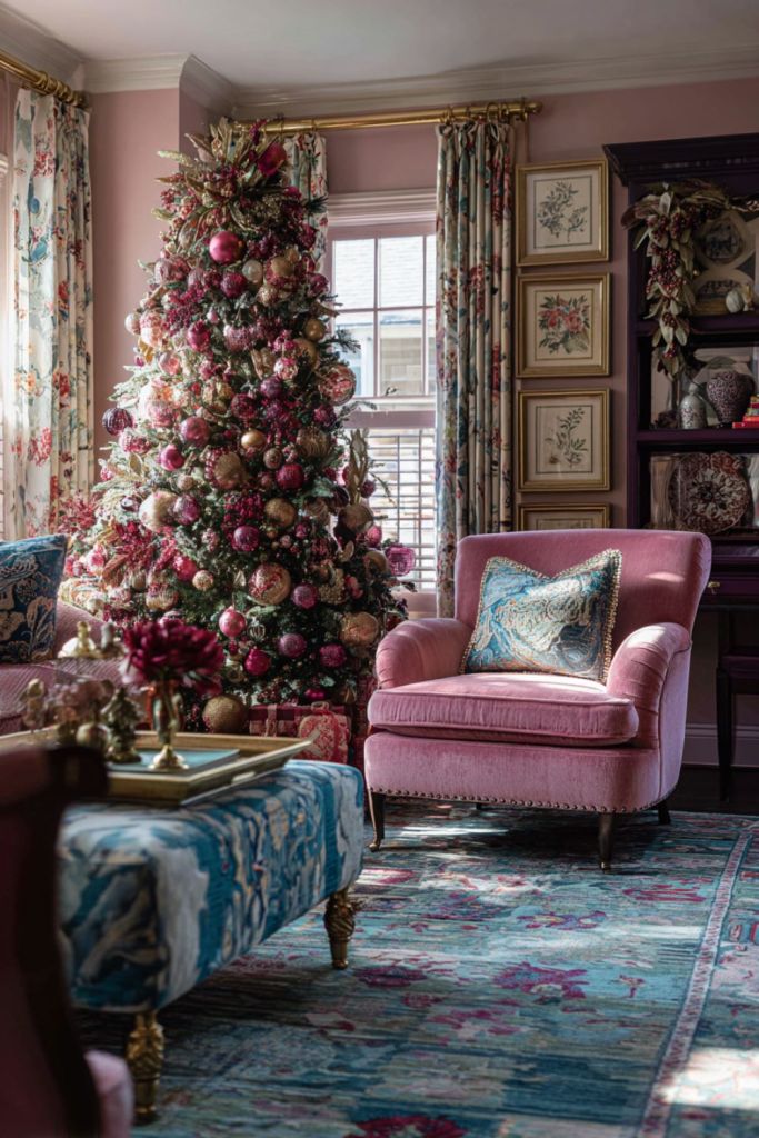 Glamorous Christmas living room with pink velvet chairs, jewel-toned ornaments, floral curtains, and a richly decorated Christmas tree.