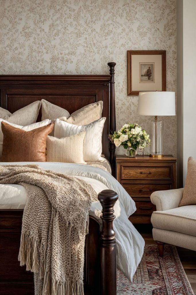 This romantic vintage bedroom features light floral wallpaper in soft, muted tones, creating a gentle and soothing atmosphere_vintage bedroom ideas