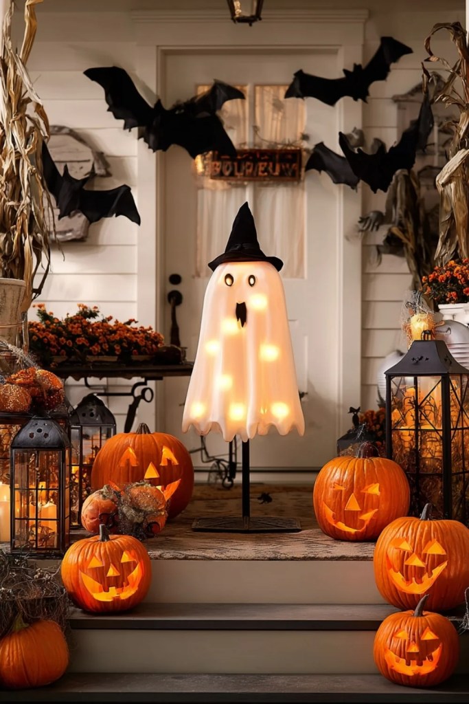 Light-Up Ghost With Jack-O’-Lanterns and Cornstalks-halloween front porch ideas-loves from bet