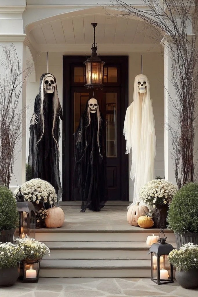 Elegant Draped Ghosts and Pumpkin Porch Idea-halloween front porch ideas-loves from bet