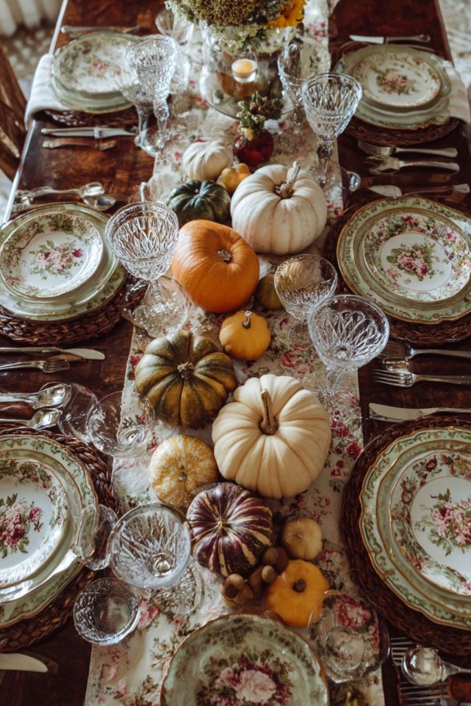 The table is adorned with a floral tablecloth, upon which various pumpkins and gourds of different sizes and colors are arranged down the center, serving as a prominent centerpiece-thanksgiving table decor-loves from bet