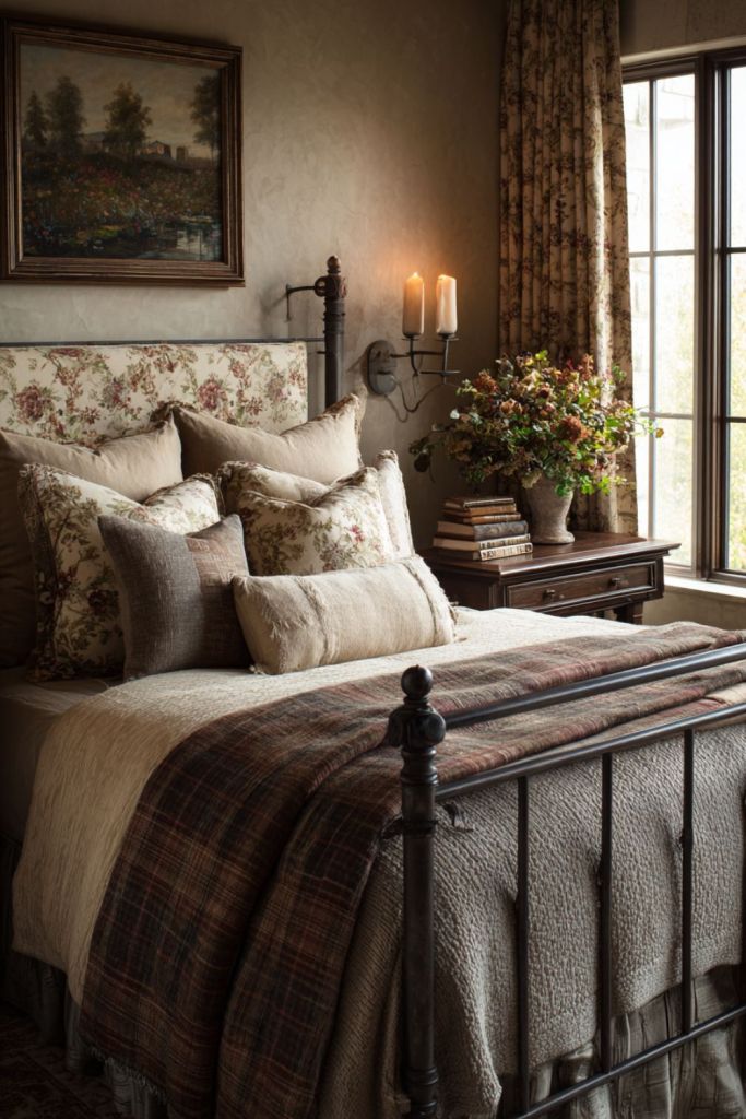 This moody and dark French-style vintage bedroom blends elegance with a cozy, dark charm. The walls are painted in a mix of white and deep dark green, creating a sophisticated and slightly dramatic backdrop_vintage bedroom ideas