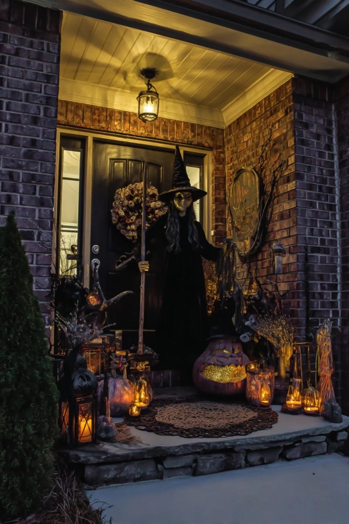 Classic Witch Guarding a Pumpkin Porch-halloween front porch ideas-loves from bet