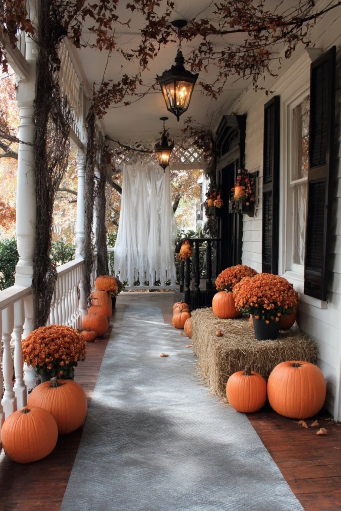 Draped Ghostly Fabrics and Pumpkin Porch Display-halloween front porch ideas-loves from bet
