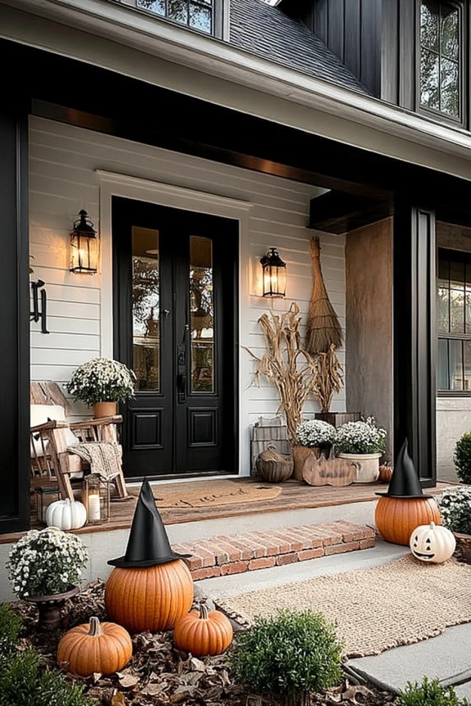 Witch Hat Pumpkins and Cozy Rocking Chair Porch-halloween front porch ideas-loves from bet