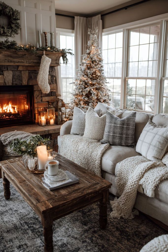 Neutral Christmas living room with stone fireplace, flocked tree, soft knit pillows and throws, rustic wood coffee table, and candles for a cozy atmosphere.