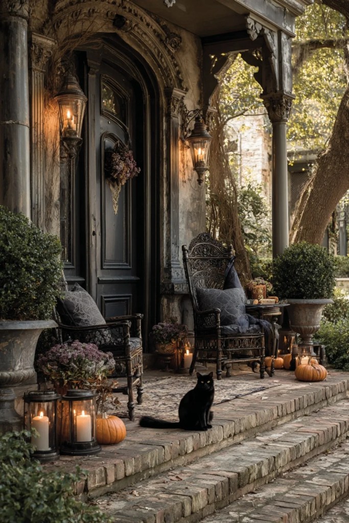 Gothic Porch With Lanterns, Pumpkins and a Black Cat-halloween front porch ideas-loves from bet