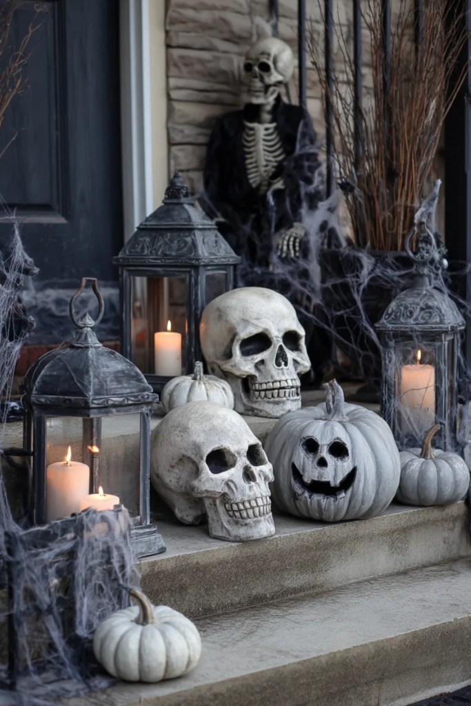 Skull and Pumpkin Porch in Neutral Tones-halloween front porch ideas-loves from bet