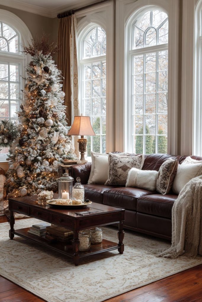 Warm Christmas living room with a brown leather sofa, flocked tree with neutral ornaments, cream pillows, wooden coffee table, and candlelight decor.