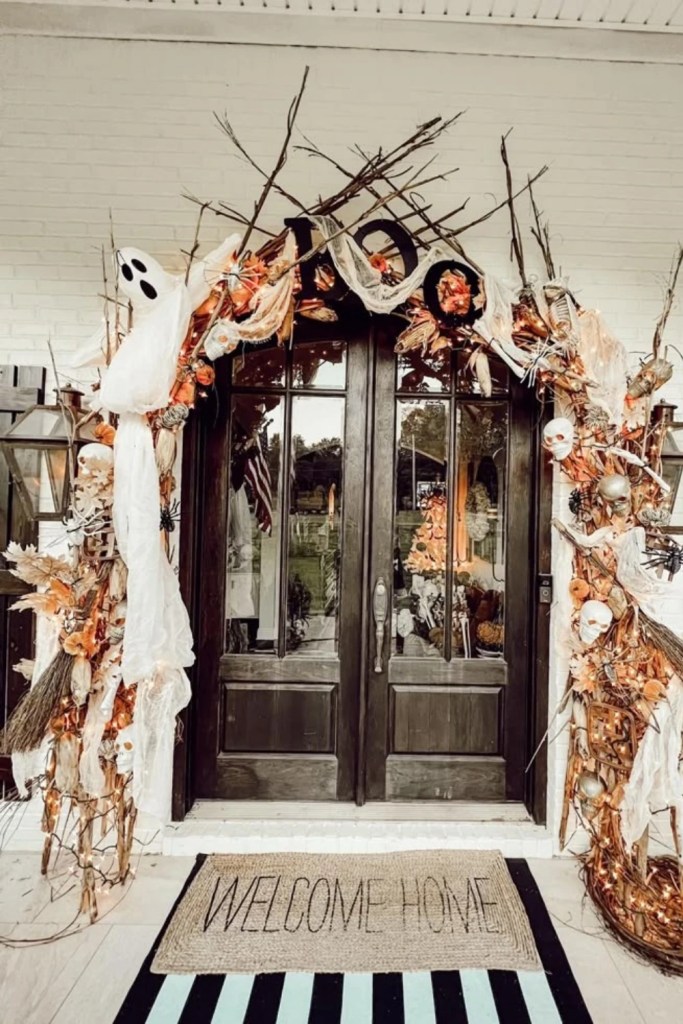 Rustic BOO Porch Sign With Branches and Pumpkins-halloween front porch ideas-loves from bet
