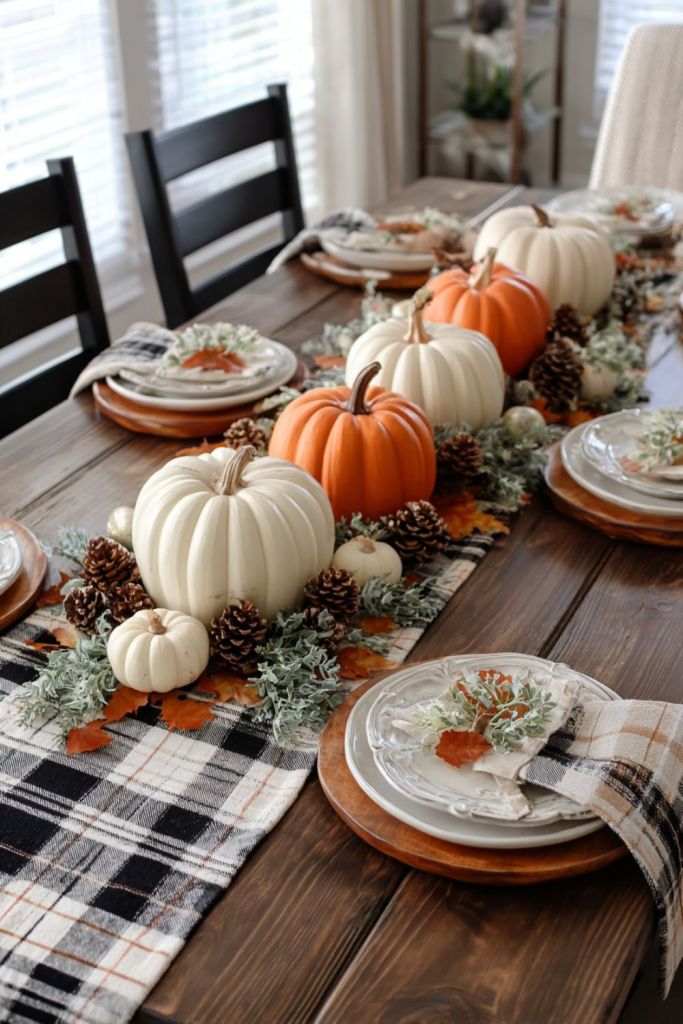 a rustic wooden dining table adorned with orange and white pumpkins, pinecones, and autumn leaves on plaid runners-thanksgiving table decor-loves from bet