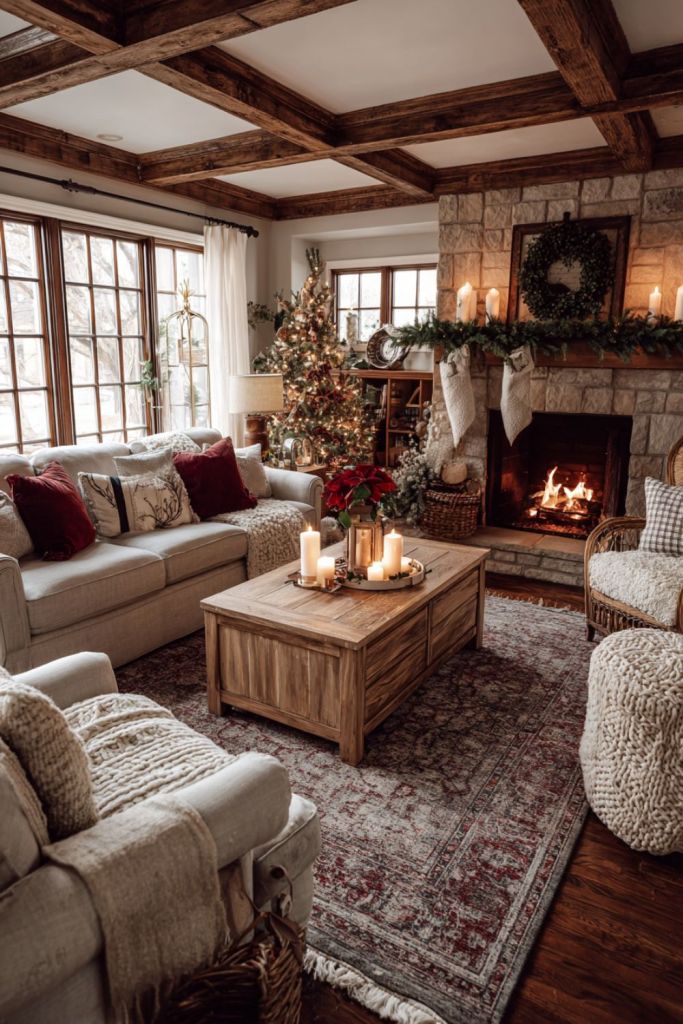Rustic Christmas living room with stone fireplace, wood beams, red pillows, greenery garlands, and candles for a warm and festive atmosphere.