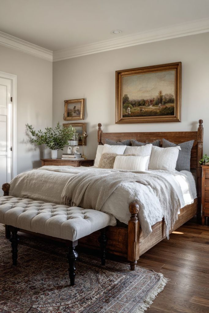 A vintage-inspired bedroom with a wooden bed frame, neutral linen bedding, antique artwork, and a tufted bench_loves from bet