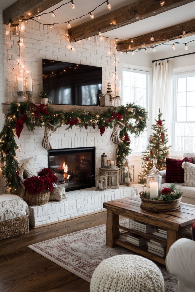 Cozy cottage Christmas living room with white brick fireplace, red berry garland, string lights, wooden decor, and knit stockings.