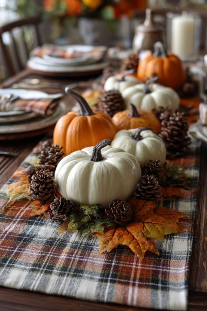 a rustic autumn table with a plaid runner, white and orange pumpkins, pinecones, and autumn leaves, surrounded by candles-thanksgiving table decor-loves from bet
