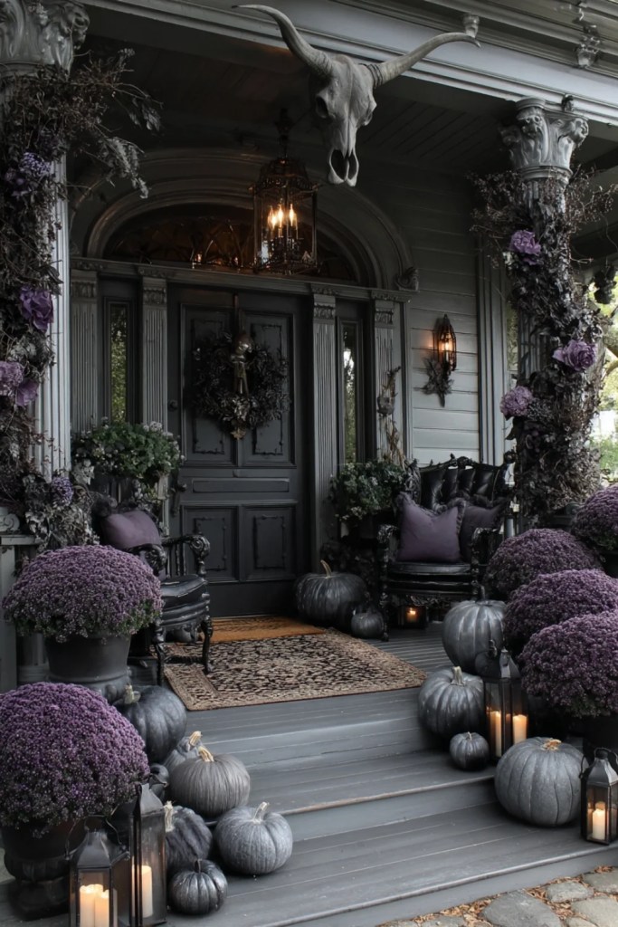 Elegant Purple and Gray Gothic Halloween Porch-halloween front porch ideas-loves from bet