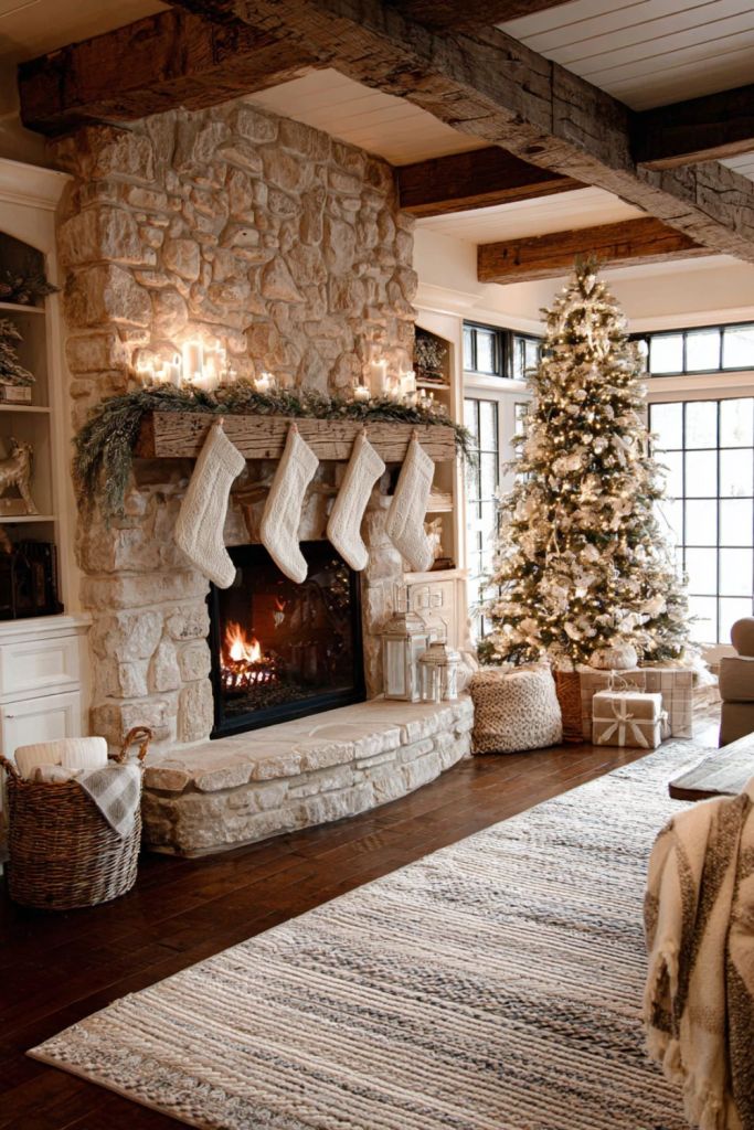 Natural Christmas living room with stone fireplace, knit stockings, flocked tree, candles, and neutral decor in a cozy rustic space.
