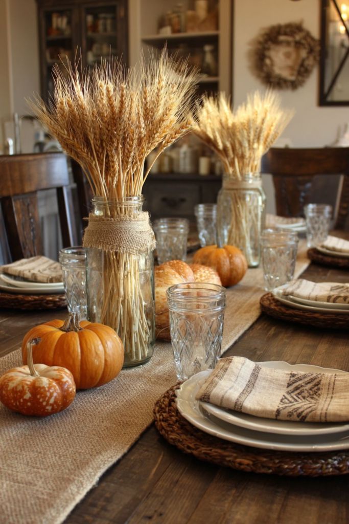 rustic autumn table setting with glass jars of wheat, small pumpkins, crystal glasses, beige napkins, and wooden plates-thanksgiving table decor-loves from bet