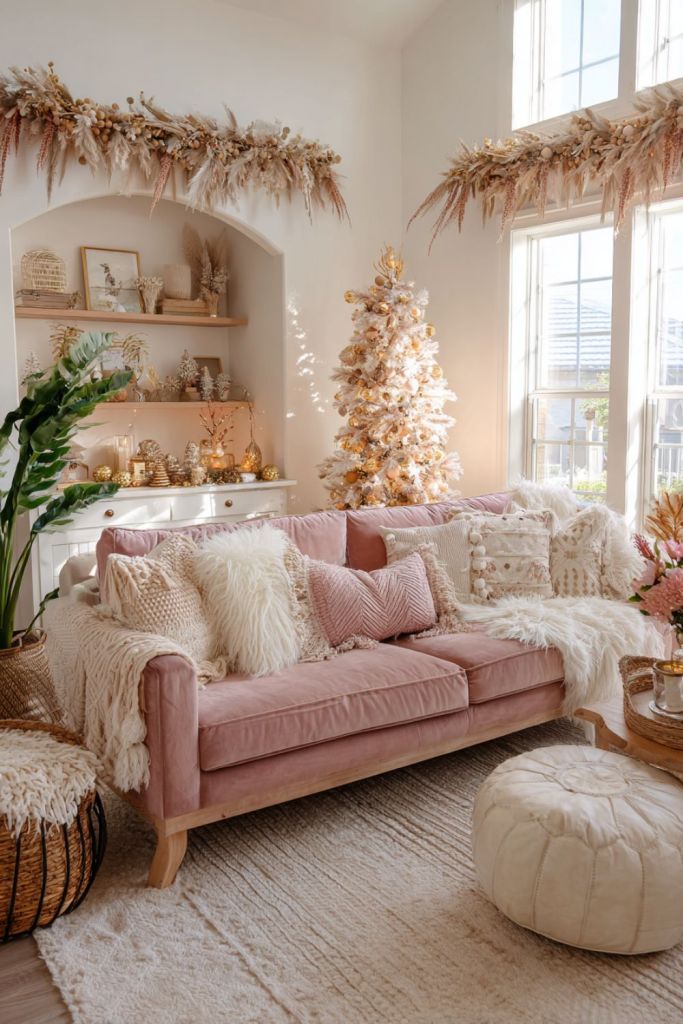 Blush pink Christmas living room with a velvet sofa, white and gold Christmas tree, pampas garlands, and layered neutral pillows and throws.