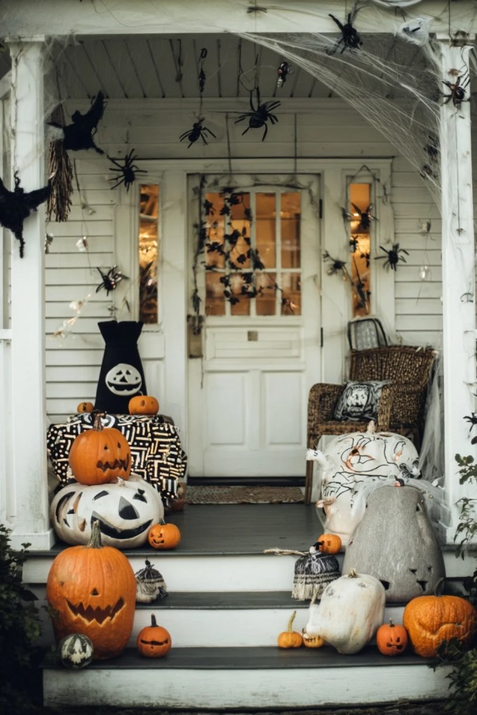Classic Pumpkin Porch With Faux Spider Webs-halloween front porch ideas-loves from bet