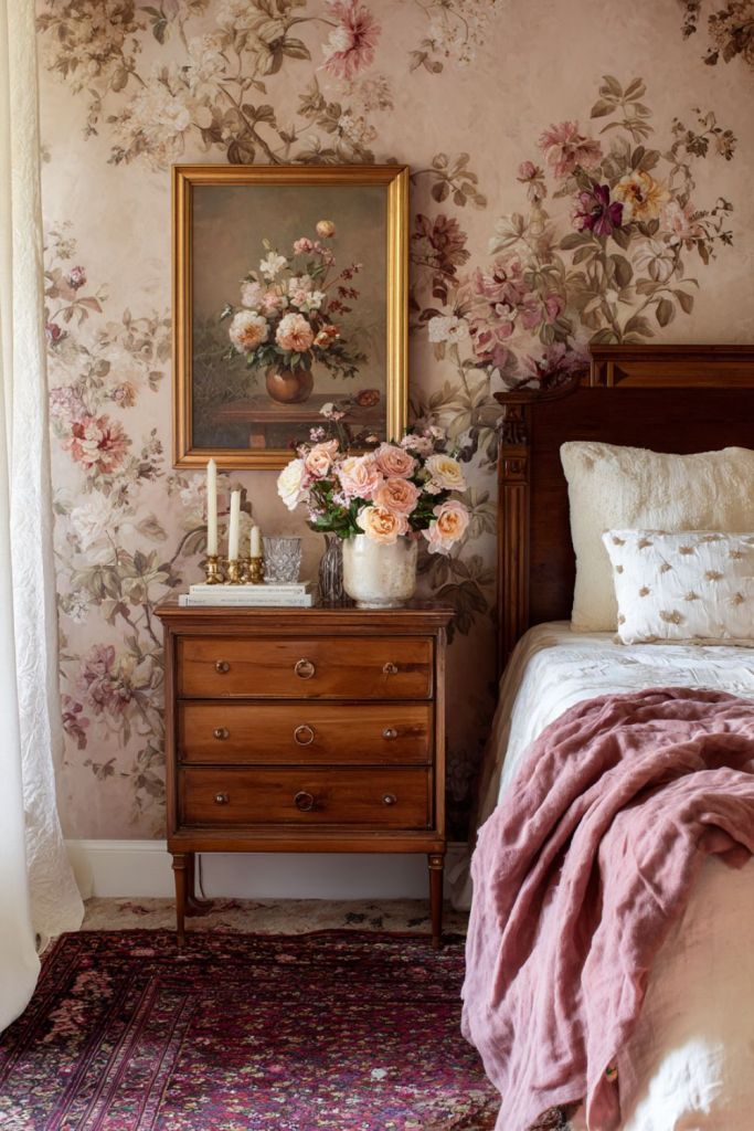 This image captures a cozy vintage bedroom with a warm and traditional charm. The wooden bed, dressed in a crisp white comforter and a textured throw, serves as the focal point of the room_vintage bedroom decor