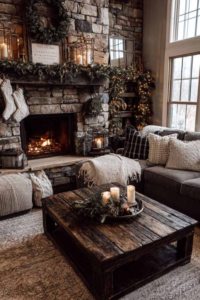 Rustic Christmas living room with stone fireplace, wood coffee table, greenery garlands, knitted stockings, and glowing candles for a warm holiday feel.