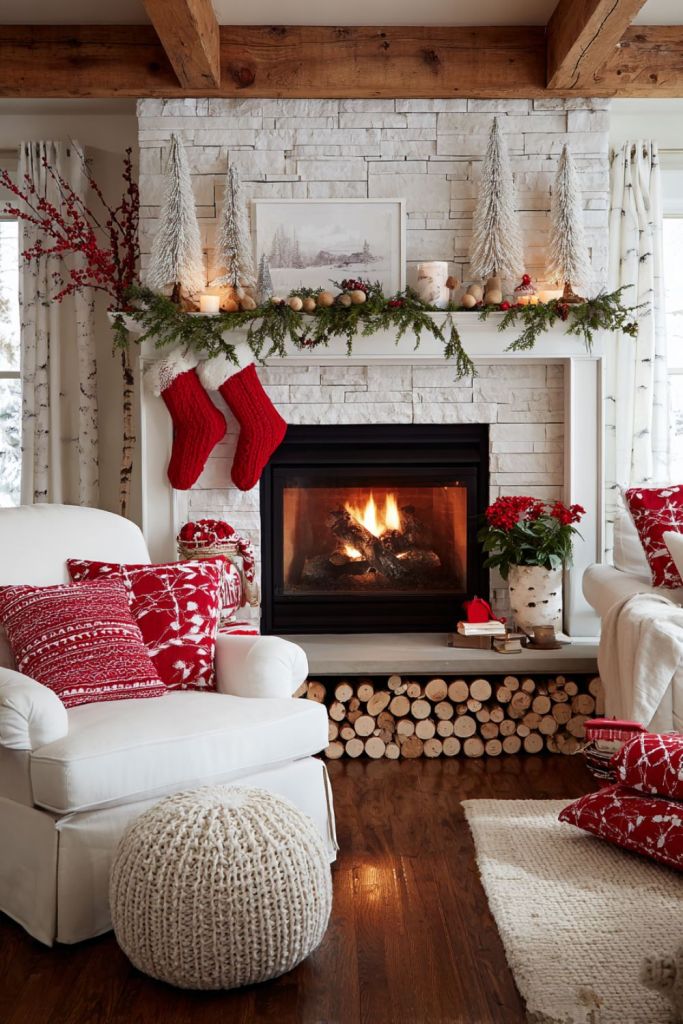 Red and white Christmas living room with a decorated stone fireplace, red stockings, greenery garland, white armchairs, and cozy holiday accents.