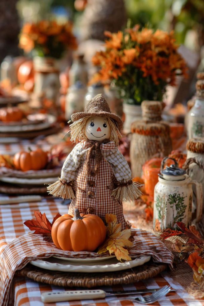 a rustic autumn table setting with a straw-hat scarecrow doll, orange pumpkins, orange flowers, and checkered tablecloth-thanksgiving table decor-loves from bet