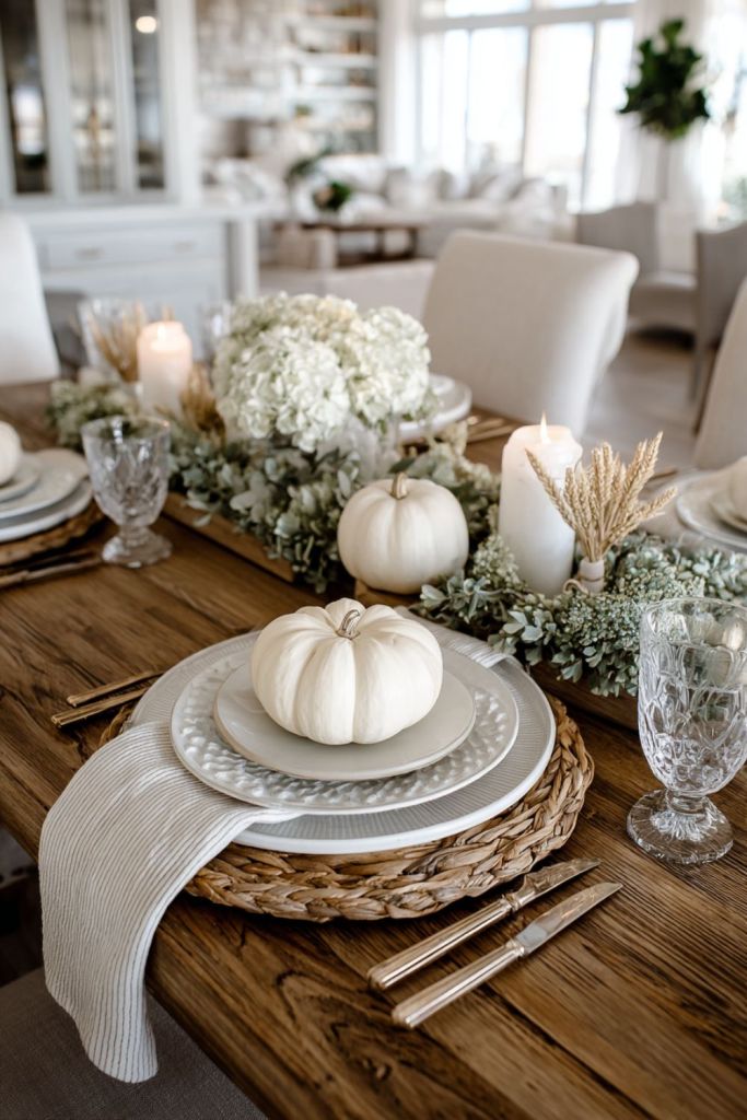 a rustic dining table with white pumpkins, candles, greenery, and crystal glasses on a wooden table, surrounded by white chairs and a glass cabinet-thanksgiving table decor-loves from bet