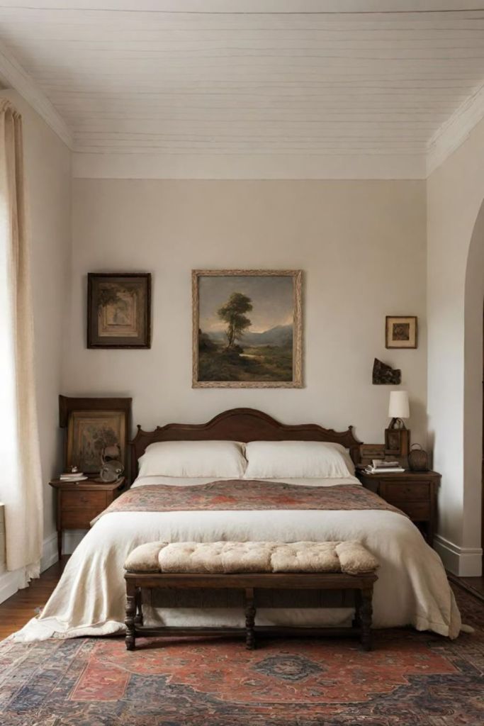 A vintage bedroom featuring a dark wooden bed, layered neutral bedding, a classic landscape painting above the headboard_loves from betA vintage bedroom featuring a dark wooden bed, layered neutral bedding, a classic landscape painting above the headboard_loves from bet