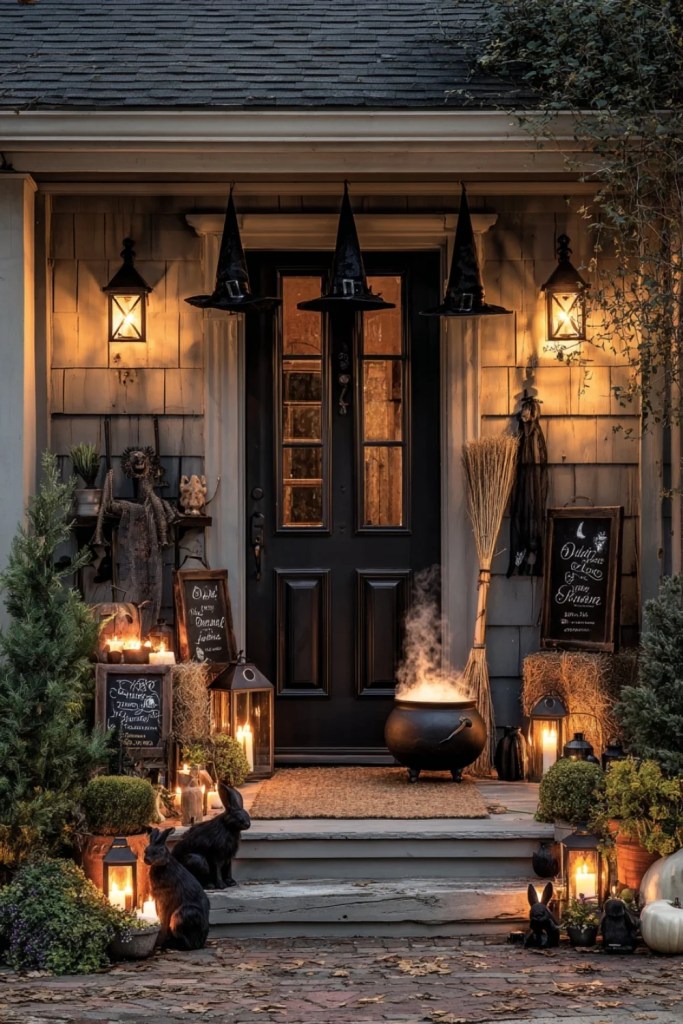 Witch Hats, Cauldron and Lantern-Lit Porch-halloween front porch ideas-loves from bet