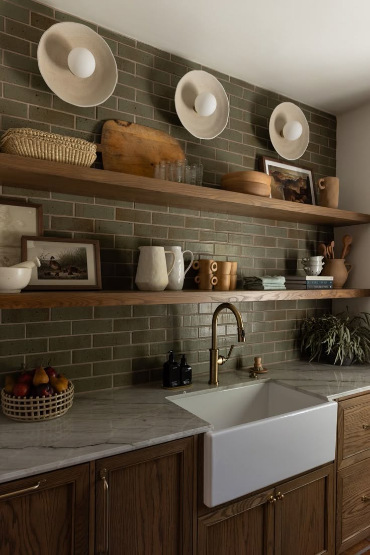 Olive Green Kitchen tiles and walnut wooden cabinets